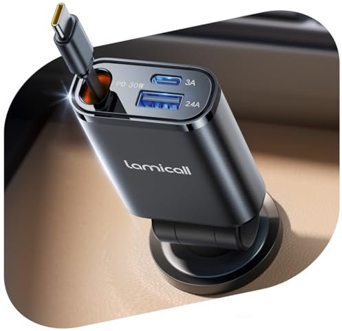 Lamicall 3 en 1 Chargeur Allume Cigare Voiture USB C - [75 CM Câble Type-C Rétractable] 50W Charge Rapide Chargeur Voiture avec USB-C/USB-A, 180° Pliable Prise 12V/24V pour iPhone, Android - Noir