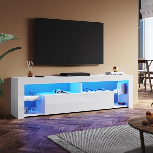 SUNXURY Meuble TV moderne de 180 cm avec étagères en verre - 180 x 35 x 50,5 cm - Viet - Meuble de rangement - Meuble TV bas avec portes d'armoire - Blanc brillant
