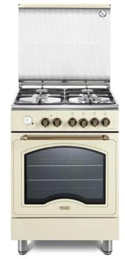 De'Longhi PEMB 664 CLSG Cuisinière à gaz, 60 cm, four électrique multifonctions, 4 brûleurs, 1 double couronne, grilles en fonte, Easysteam, Idroclean, ligne Country, couleur crème, classe énergétique