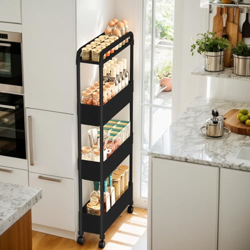 Storage Trolley Cart, 4-Tier Plastic Rolling Storage Cart with Wheels Handles Kitchen Storage Carts Storage Shelving Organiser for Kitchen, Bathroom, Bedroom Office (Black)