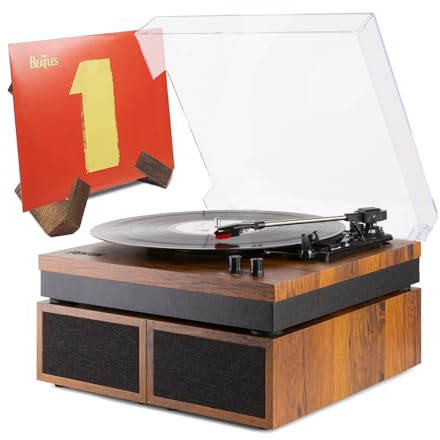 Fenton RP165B Bluetooth Vinyl Record Player with Speakers & Retro Vinyl Record Holder Set – Vintage Turntable with Stereo Speakers, Lightwood Finish