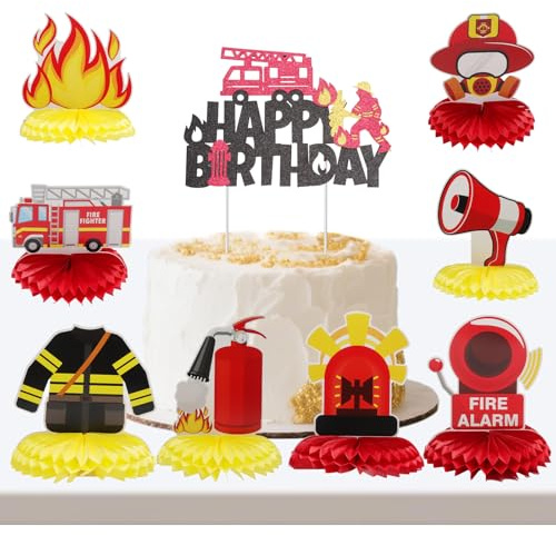 TMZELOA 9 Stück Feuerwehr Party Deko, Bienenwabe Mittelstücke für Geburtstag, Feuerwehr Auto, Feuerlöscher, Helm, Einfache DIY Montage, Perfekt für Mottoparty, Gartenparty