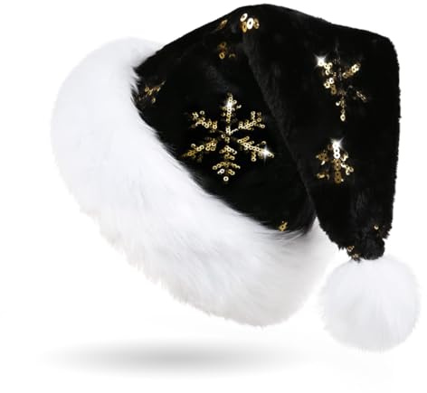 Montrestar Weihnachtsmütze für Erwachsene, Schwarz Plüsch Nikolausmütze mit Pailletten, Weihnachtsmann mütze, Santa Nikolaus Hat Glitzer Weihnachten Mütze für Männer Frauen Weihnachtsassesoires