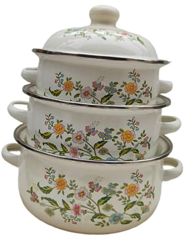 Milageto 3x Pentole in smalto Pentola in smalto portatile Design vintage Pentola per stufato e fagioli Pentole per zuppe per cucine a induzione e forni a gas, Style B