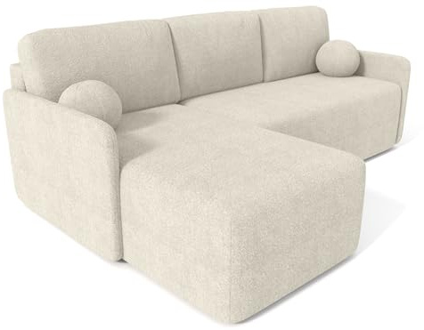 Ecksofa 212x92x142 cm mit Schlaffunktion und Bettkasten, L Form Schlafsofa mit Stauraum, MOS-Ausziehfunktion, Wellenunterfederung, Rückenlehne mit Kissen, Bouclé-Stoff, Couch mit Bettfunktion, weiß