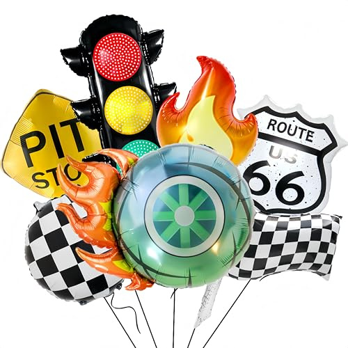 7Pcs Race Car Birthday Party Decor/Flame Tire Balloons, Traffic Light, Route 66, Pit Stop/Speed Passion Racing Birthday Supplies for Boys Adults/Monster Truck/Fast One Two Fast Decor/Talla*dega Nights