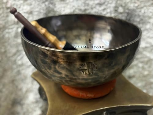 Karma Store Full Moon - Cuenco tibetano martillado a mano | Cuenco grande para meditación y sanación con golpeador de madera para yoga, oración y terapia de sonido (10 pulgadas)