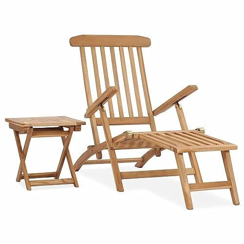 Klassisk brun teak trä trädgårdsstol med fotstöd och sidobord utomhus schäslong solbad dagbädd uteplats möbler för avkoppling och komfort