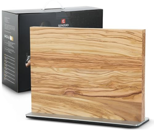 XINZUO Madera de Olivo Bloque Cuchillos Magnético-Sin Cuchillo-Soporte Magnético Doble Cara Iman Extra Fuerte-Base de Acero Inoxidable-Ahorro de Espacio-Porta Cuchillos de Cocina-con Caja de Regalo