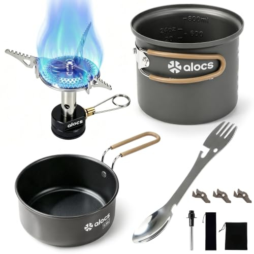 ALOCS 9-teiliges Camping Kochgeschirr Set mit 3200W Gaskocher | Mit antihaftbeschichteten Töpfen, tragbarem Kocher und Zubehör für Camping, Trekking, Wandern und Outdoor Kochen