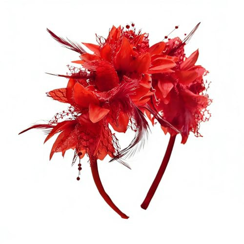 Mjzzh Gefiederter roter Blumen-Tüll-Haarreif Karnevals- und Festkostüm-Accessoire 1920er-Jahre-inspirierte Damenkopfbedeckung Biband für Cocktailpartys, Hochzeiten und Teepartys