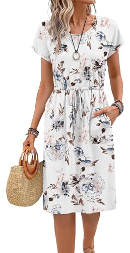 PLOKNRD Damen Sommerkleid Kurzarm Midi Kordelzug mit Taschen | Leichtes, luftiges Strandkleid, Kordelzug, Fronttaschen. Weicher Stoff, bequem & stilvoll, ideal für Alltag, Büro & Urlaub