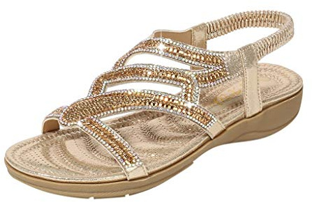 Strandsko dam platåsko dam andas öppna sandaler komfort sandaler strass sommar tofflor kompenserade lediga tofflor lätt elegant, Guld, 38 EU