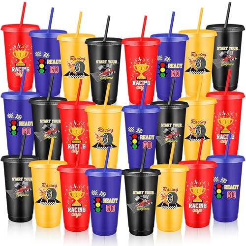 OJMHD 24 Pcs Gaming Plastic Cup with Lids and Straws for Kids, 710 ml | Reusable Birthday Party Favor Tumbler Bulk, Cute Iced Coffee Travel Mugs for Adults Themed Party Supplies Tableware