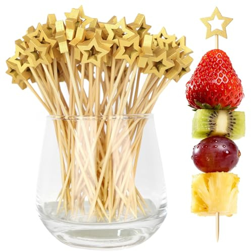 Spett fingermat 100 stycken guld pentagram cocktailspett, 12,7 cm (12,7 tum) träspett, fingermat, cocktailspett, långa, festspett, för desserter, frukt, drycker, för bröllop, jul, nyår, fest
