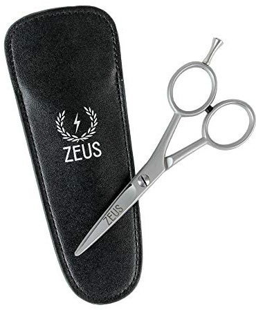 ZEUS Stainless Steel Beard Trimming Scissors with Leather Case, Facial Hair Clipping Tool for Barber Quality Beard & Mustache Trim (Made In Germany)