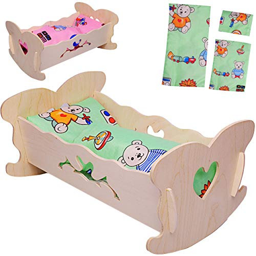 alles-meine.de GmbH Set: kleine - Holz - Puppenwiege - mit Bettzeug - 36 cm lang - Wiegenset - Holzwiege Naturholz - Herz - Bett - Puppen klein - Matratze Decke & Kopfkissen - Ki..