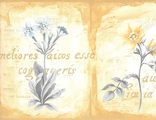 Dundee Deco BD6116 Tapeten Bordüre mit Blumenmuster, Vintage-Stil, goldfarben, gelb, blau, grün, Tapetenbordüre 4,57 m x 17,78 cm