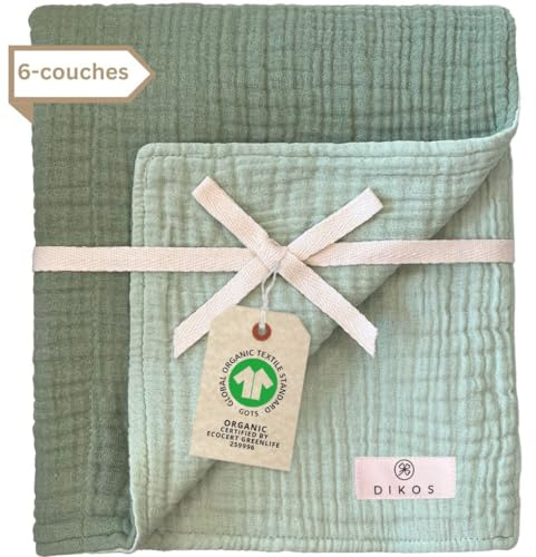DIKOS Manta de Muselina para bebé, 6 Capas, crepé, 80 x 100 cm, 100% algodón orgánico, Manta para bebé, paño de Muselina, Regalo para Nacimiento (Menta)