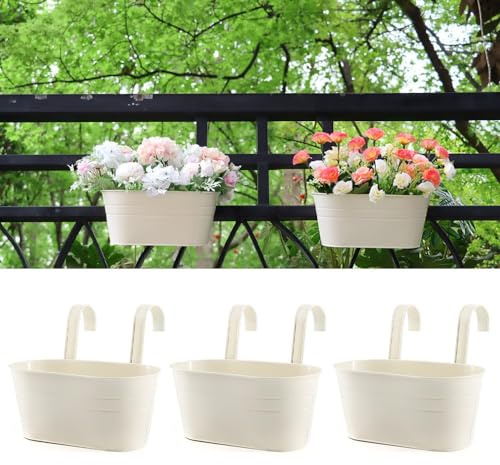 Meltset 3 Pack Metal Iron Hanging Flower Pot, Oval Railing Fence Garden Balcony Planter Pots, Metal Bucket Flower Holders for Wall Indoor Outdoor Home Décor,Ivory