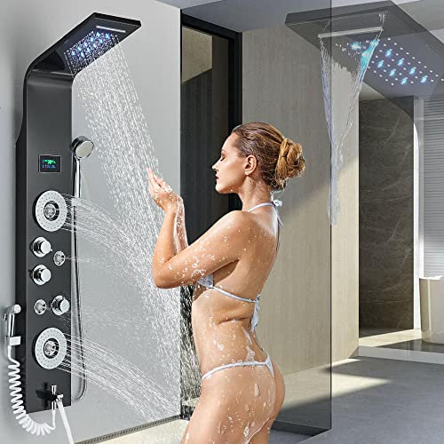 Wieoc Système de tour de panneau de douche noir pluie LED, colonne de douche pulvérisateur à jets de corps de massage en cascade