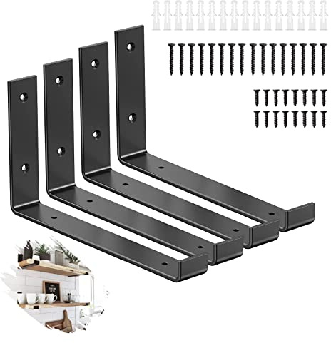 Ohiyoo 4 Pcs Black Shelf Bracket, 9 inch Heavy Duty Shelf Brackets Scaffold for Scaffold Board Shelving, Rustic Wall Mounted Shelve Brackets Floating Shelf L Shape (5.5 * 9 inch)