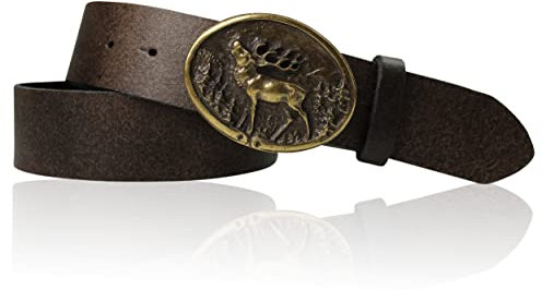 FRONHOFER Trachtengürtel 100% echtes Leder 4 cm Breite ovale Hirschschnalle Messing 9 cm x 7,5 cm Druckknopfsystem Landhausmode Herren