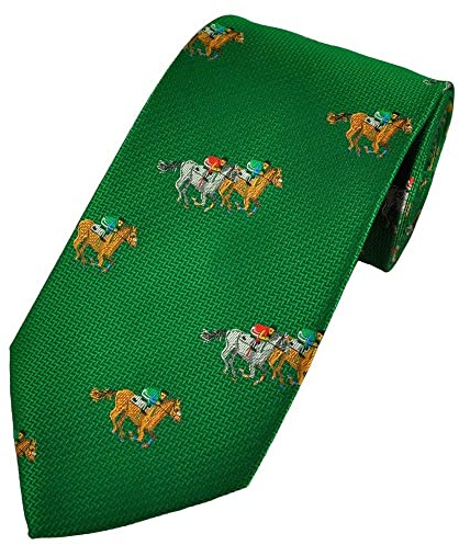Grüne Krawatte mit Bucht und grauen Pferden, die von ihren Jockeys geritten werden, ideal für Renntreffen und allgemeine Kleidung (848)