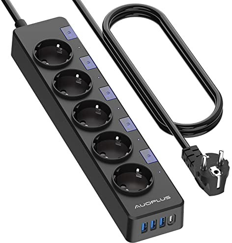 Steckdosenleiste Einzeln Schaltbar, 5 Fach Mehrfachsteckdose mit 1 USB-C und 3 USB-A, Steckerleiste Überspannungsschutz (3680W/16A), Verteilersteckdose mit Kindersicherung für Zuhause, Büro, 3M Kabel