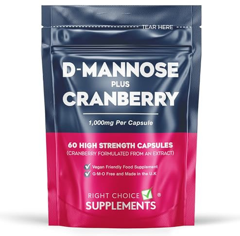 D-Mannose with Cranberry 1000mg per Capsule - High Strength Natural Dmannose Supplement - Urinary Tract & Bladder Care for Women, 60 Capsules - Vegan & UK Made