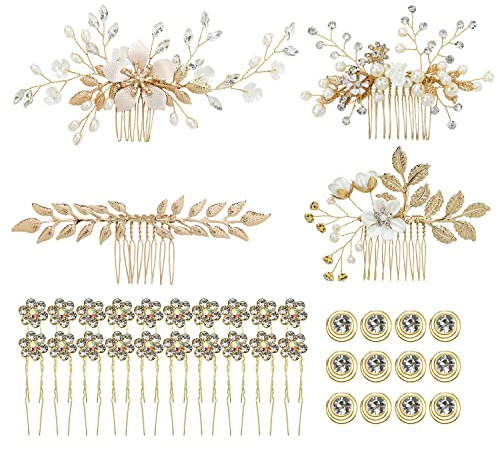 inSowni 36 Pack Gold Flower Leaf Bridal Wedding Hair Side Combs Slides+U-shaped Flower Hair Pins+Spiral Rhinestone Clips Barrettes Hair Pieces Headpieces Accessories for Brides Bridesmaids Women Girls