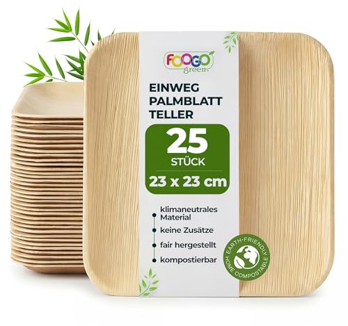 FOOGO Green 25x Palmblatt Teller eckig 23x23 cm – kompostierbar & naturbelassen – extra stabil & fettresistent – nachhaltiges Einweggeschirr für Party & BBQ