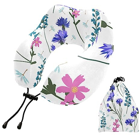 linqin Travel Pillow, Portable Memory Foam Travel Neck Pillow Fieldflowers Leaves Herbals Pattern U Shape Neck Support Airplane Pillow with Storage Bag for Sleeping Rest, Car, Home, Work Use