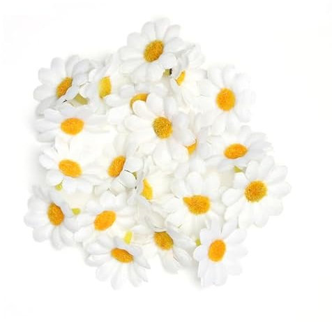 ZEYRU 50 Stück künstliche Frühlings-Gerbera-Gänseblümchen-Blumenköpfe, Sonnenblumen-DIY-Kuchen/Hochzeitsfeier-Dekoration, künstliche Blumen, Basteln, Weiß
