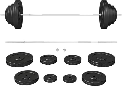 HOMCOM Set di Bilanciere e Dischi da 70 kg totali con 8 Pesi, Bilanciere Palestra Regolabile Antiscivolo in Acciaio, Plastica e Sabbia, Barra Ø25 mm, 170x40.5x40.5cm, Nero