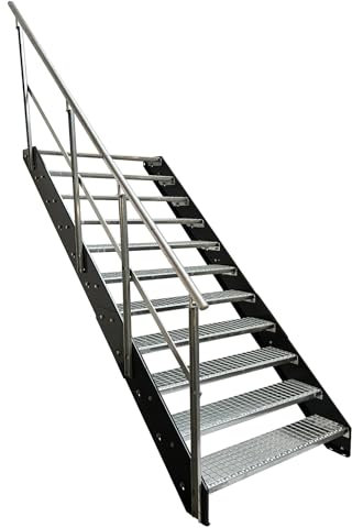 Kaminbau Mierzwa Premium Stahl Treppe mit Geländer links verzinkt/Wangen Anthrazit RAL 7016/11 Stufen verzinkt (Breite 1400 mm) (Höhe 209 cm) Wetterfest Gitterroststufe Gartentreppe