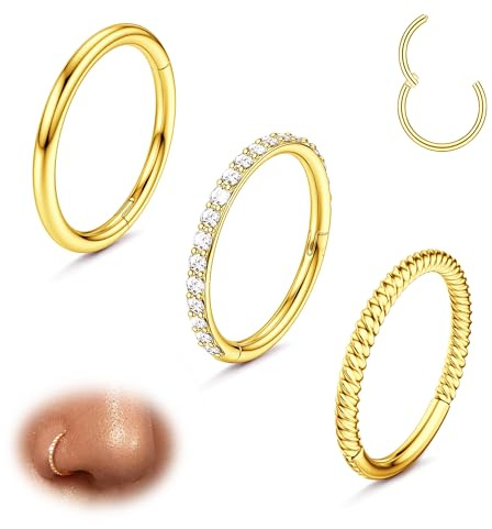 Diamday 3pcs Piercing Nariz 316L Acero Quirúrgico Septum Piercing Anillos Nariz Aro 16G 18G CZ Piercing Oreja Pendientes Aro Piercing Nariz Oro Tragus Helix Conch Daith Rook Pendientes Aro 8mm 10mm