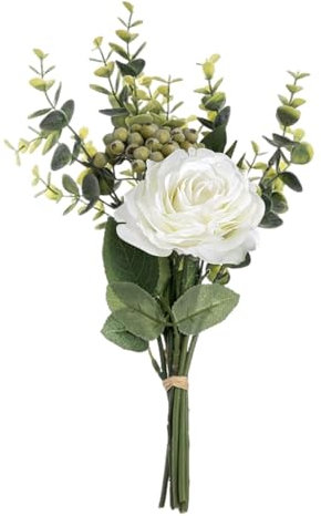 Künstliche Blumen Seidenrosen Künstliche Pflanzen Künstliche Blumen Realistische Seidenrosen Eukalyptus for Heimdekoration Bauernhaus Wohnzimmer Büro Schreibtisch Bücherregal Couchtisch (Color : Whit