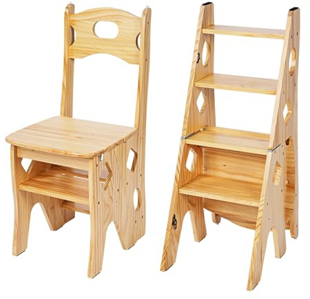 ybaymy 4 Step Foot Stool Chair 3 in 1 Wooden Library Ladder Solid Folding Portable Wood Display Stand Flower Rack Indoor Stepladder Shoe Bench for Home, Library, Kitchen, Office