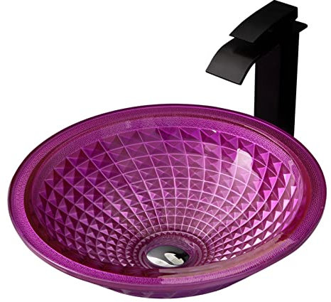 KJSHXYG Badezimmer-Waschbecken, Glas-Waschbecken, über der Theke, Badezimmer-Waschbecken, rundes Waschbecken, Kristall-Badezimmer-Waschbecken, Oberteile mit Wasserfall-Wasserhahn