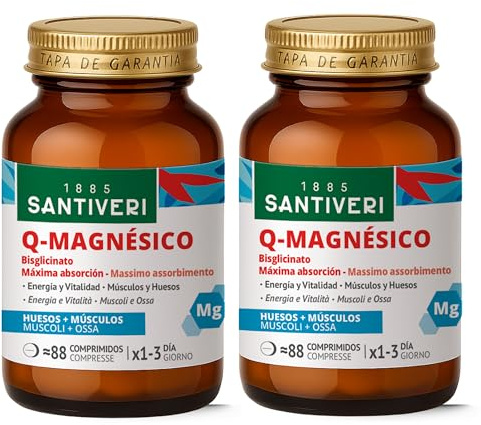 SANTIVERI - Q-Magnésico, Complemento Alimenticio con Magnesio Bisciglinato, Ayuda a Disminuir el Cansancio y Contribuye al Normal Estado de Músculos, Huesos y Sistema Nervioso - 2 x 88 Comprimidos