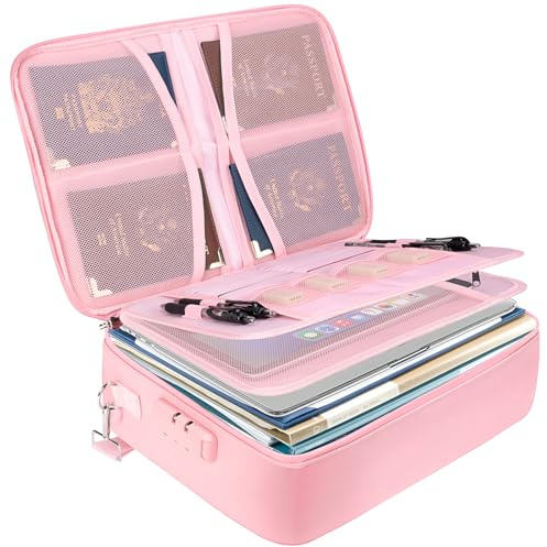 BALEINE Fireproof Document Box with Lock, Portable Fireproof Document Bag Waterproof Fire Proof File Boxes for Documents, File Organizer Box for Important Paperwork (Pink, 15''x11''x4'')