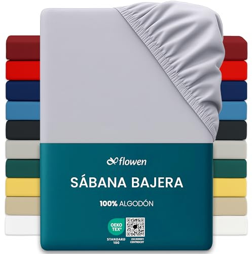 Flowen Sábana Bajera Ajustable Jersey 120x190cm 100% Algodón 150g/m² | Bajera Elástica Goma Perimetral Bolsillo Profundo 30cm | Oeko-Tex Certificada Suave Transpirable Antiarrugas (Gris Claro)