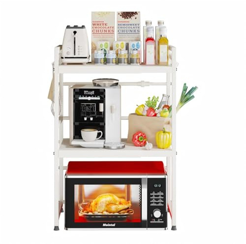 Mointal Support Micro-Ondes Extensible, Étagère pour Micro-Ondes à 3 Niveau, Porte Micro-Ondes de Comptoir en Acier Carbone, Organisateur de Rangement pour la Cuisine avec 8 Crochets, Blanc