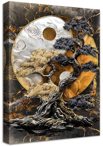 Albero Qian Kun Yin Yang Quadri Moderni Quadro Cammeo di Marmo Nero Marrone Argento Stampa su Tela Con Cornice Pittura Quadri su tela Decorazioni da Parete Soggiorno Camera da Letto Corridoio 40x60cm