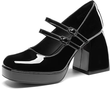 DREAM PAIRS Plattform för kvinnor Mary Jane högtjocka stängda tåklackar block fyrkantig tå dubbel rem klänning pumps mode fest Y2K skor, Svart-pat, 37.5 EU