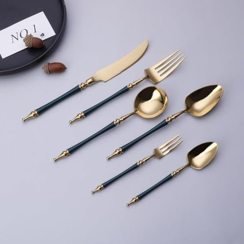 Générique Ensemble de Couverts de Table, argenterie, Manche en Acier Inoxydable, Ensemble de Couverts de Luxe en Acier Inoxydable avec Manche en Pilier Romain, Vert et Or (6 pièces)