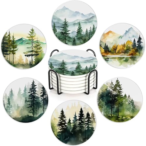 Watercolor Misty Forest Set of 6 Coasters Absorbent Ceramic Drink Mats with Cork Base & Metal Holder, Spill Protectors for Mugs/Cups, Cheerful Home/Bar Decor