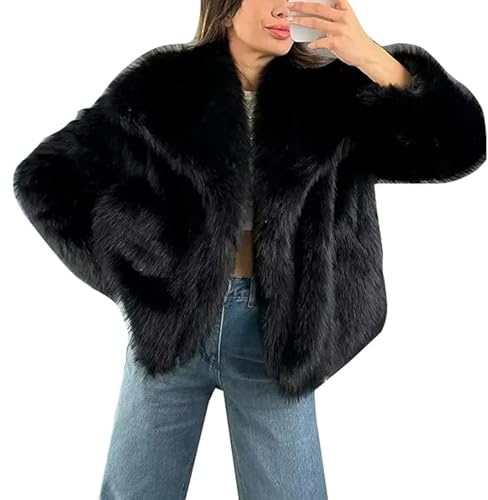 Cappotto da donna in finta pelliccia, a maniche lunghe, giacca soffice aperta sul davanti, peloso, invernale, caldo, a pelo lungo, cappotto corto, Blacka1, S