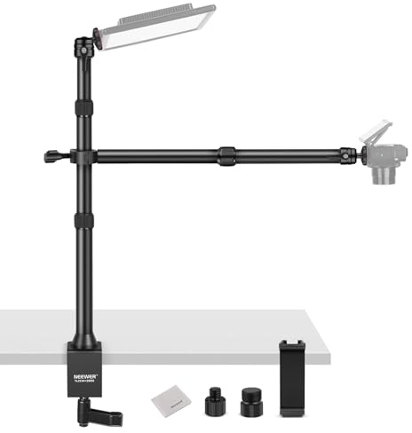 NEEWER Tischstativ mit 2 Teleskoparmen Handyhalterung für Mikrofon Kamera Webcam Ringlicht, Desktop Overhead Mikrofonhalterung mit C Klemme, Kugelköpfe, Schraubadapter, Reinigungstuch, TL253A+DS001